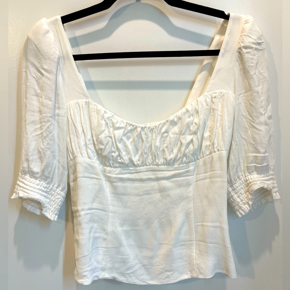 Wilfred smocked 3/4 sleeve sweetheart top.